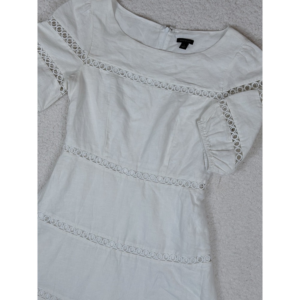 Ann Taylor sz 0 White Linen Blend Eyelet Fit Flare Dress Puff‎ Sleeve